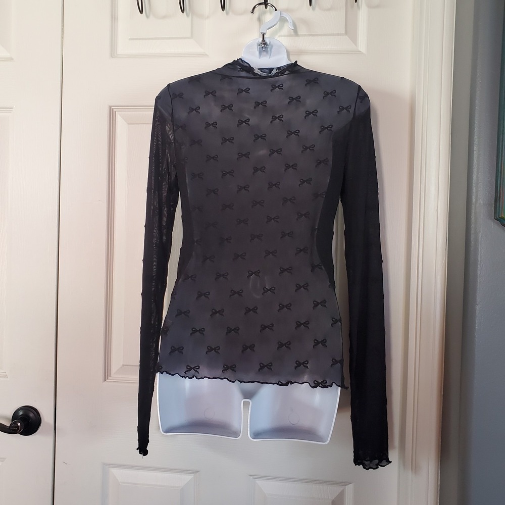 American Eagle Long Sleeves Mock-Neck Mesh Bow Blouse Sheer Goth Fairy Witchy M - Picture 5 of 10